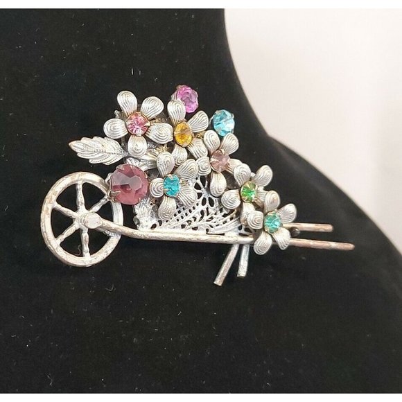 Vintage Garden Wheelbarrow w/Flowers Rhinestones Pin Brooch Costume 3.5" - Picture 2 of 10